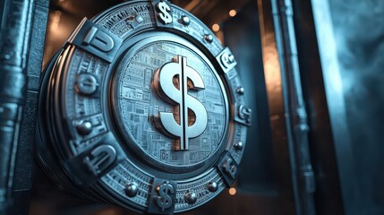 Safe icon, secure vault with dollar symbols, 3D illustration