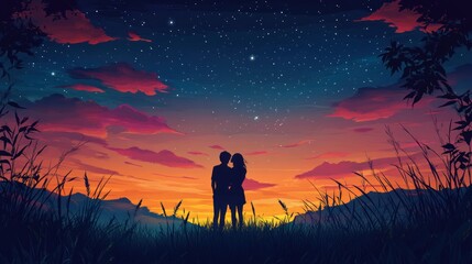 Silhouette of a Couple Under a Starry Sky