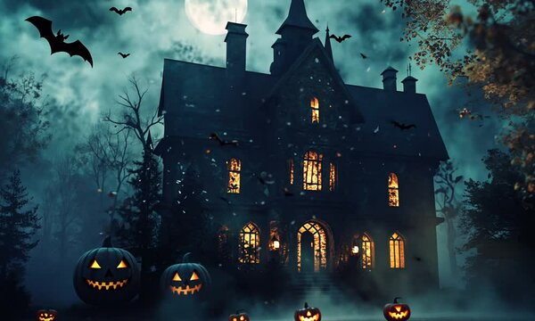 A spooky Halloween scene featuring a haunted house, bats, and carved pumpkins.