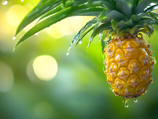 Fresh pineapple with water droplets on lush green background.