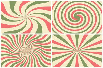 Candy cane or ice cream striped swirl backgrounds set. Twisted sunbeam abstract banners. Holiday texture