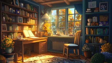 Cozy Study with Books and Sunlight