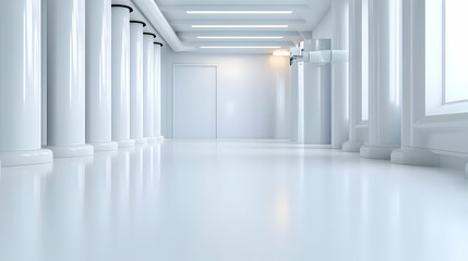 Obraz premium Modern corridor featuring elegant white columns and bright lighting, creating a clean and spacious ambiance.