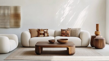 Spacious white living room with Scandinavian design elements, featuring cushy sofas, earthy decor, and wooden furniture pieces.