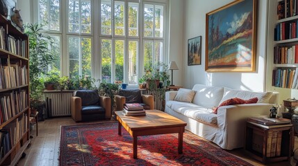 The sunlit living room features a large window, diverse plants, cozy sofa, bookshelves, and artwork creating a homely environment.