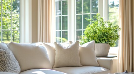 Fototapeta premium The bright living area features a plush white sofa, large windows, and a vibrant plant bathed in generous sunlight for a fresh feel.