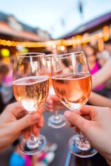 Obraz premium Cheers to Rosé: Three hands clink glasses of refreshing rosé wine at a lively outdoor gathering, capturing the carefree spirit of summer celebrations.