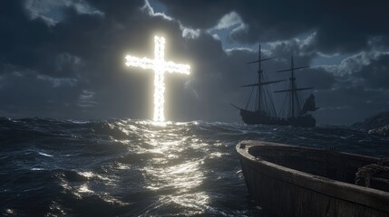 Fototapeta premium A glowing white cross floating in the middle of a dark stormy sea, symbolizing hope in turbulent times.