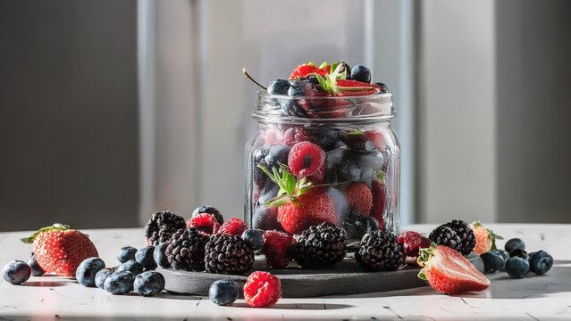 Frasco lleno de bayas, frutos rojos en una cocina