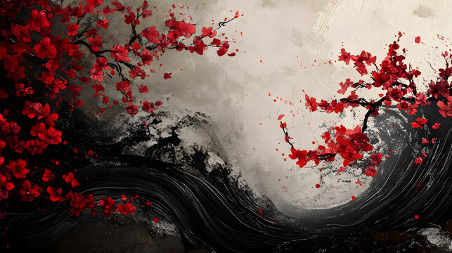 A painting of red cherry blossoms with a black background
