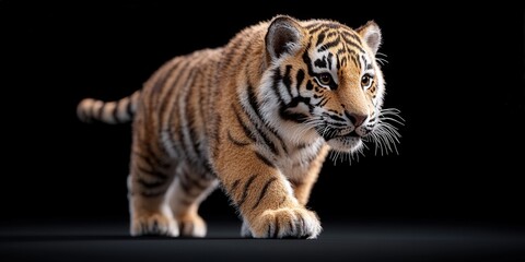 Obraz premium Tiger Cub Walking on Black Background Close Up Portrait Wildlife Photography