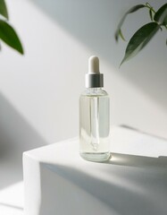 A skincare product photo featuring a serum bottle on a white surface, with soft