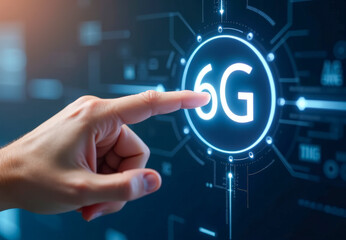 A man's hand presses a button with the inscription 6G in a virtual space, abstract background