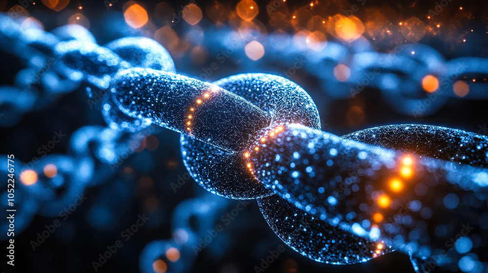 Poster blockchain technology visualization with interconnected nodes and secure transactions
