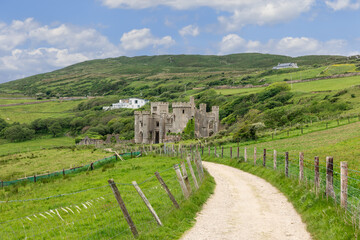 A winding dirt path leads to the ruins of Clifden Castle in Connemara, Ireland. The ivy-clad castle...