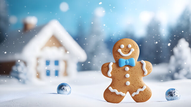 Lebkuchenm&auml;nnchen mit festlicher Verzierung in weihnachtlicher Umgebung