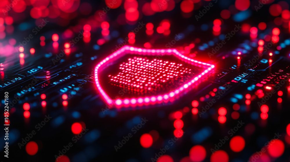 Poster cybersecurity shield protecting data privacy amidst digital binary code background