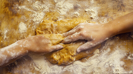 Fototapeta premium Kneading Dough on Wooden Surface Hands Close Up Baking Food Preparation