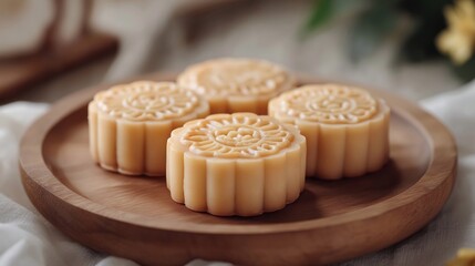 Chinese mooncakes on wooden plate 