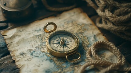 Compass, rope on the treasure map on the table. The concept of sea adventures