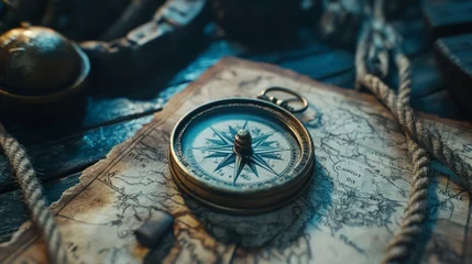 Fototapete Compass, rope on the treasure map on the table. The concept of sea adventures © nikola-master