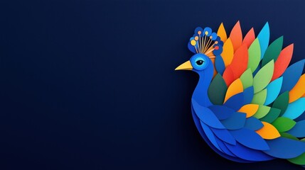 Fototapeta premium A vibrant, colorful paper peacock with intricate patterns, set against a deep blue background, showcasing artistic creativity and design.