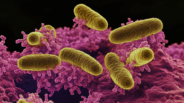 Magnified image of bacteria cells being attacked by disinfectant droplets, showing the cells dissolving under the chemical's impact