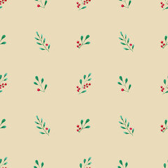 Christmas holly berry background. Seamless beige watercolor pattern with holly berries branches and leaves illustration for wrapping paper, textile, fabric, holidays crafts