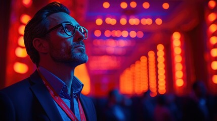 Obraz premium Man in Conference with Vibrant Lighting Background