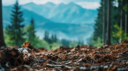 Fototapeta premium A stark image highlighting the grim effects of deforestation with tree stumps and scattered debris under a cloudy sky, signaling environmental distress,