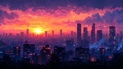 Obraz premium A vibrant sunset over a cityscape with glowing buildings and a lone figure silhouetted on a rooftop.