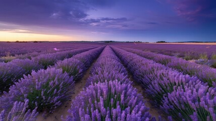 Obraz premium a field of lavender that has a purple sky in the background.