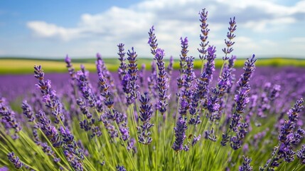 A vibrant field of lavender in full bloom under a clear sunny sky on a beautiful day