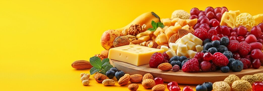 A beautiful yellow backdrop contrasts with a colourful selection of food on a wooden dish, including cheese, nuts, and fresh fruits.