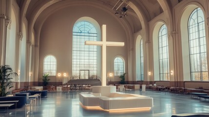 Fototapeta premium A towering cross sculpture in a modern art gallery, evoking spiritual contemplation.