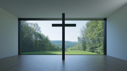 Naklejka premium A towering cross sculpture in a modern art gallery, evoking spiritual contemplation.