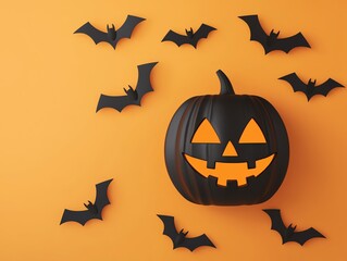 Fototapeta premium Boo with jackolantern face, playful bats flying around, orange background