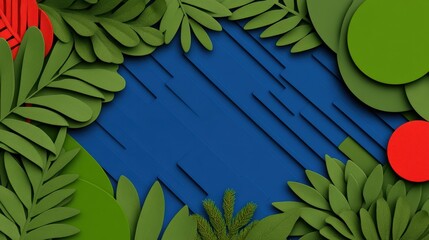 Abstract Blue Background with Green Leaves and Red Circles