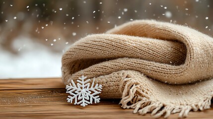 Fototapeta premium Closeup of snowflakes falling on a warm woolen scarf, cozy winter moment