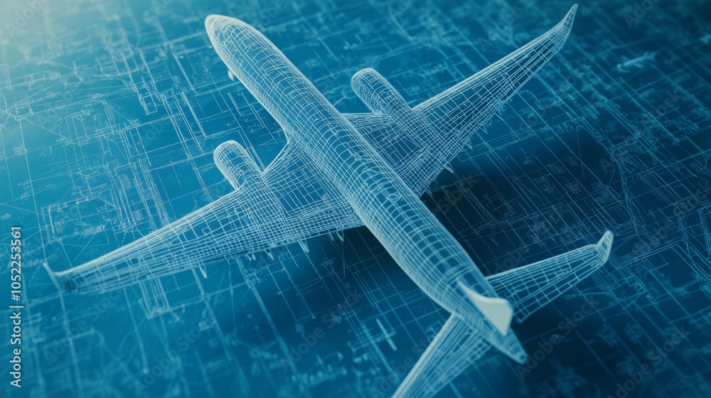 Poster Wireframe airplane model is hovering over blueprints. Suggesting innovative aircraft design and engineering. The image evokes concepts of futuristic travel and technological advancement in aviation