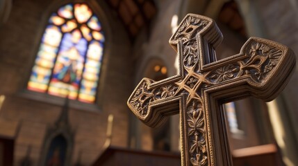 An ornate cross, detailed with intricate carvings, standing in front of a stained glass window in a quiet church.