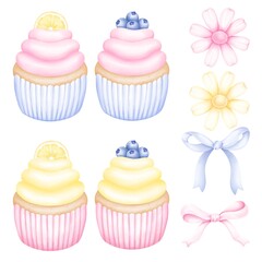 Set of lemon cupcakes with lemon and blueberry. Decor of flowers and bows. For fabric, packaging paper, scrapbooking.