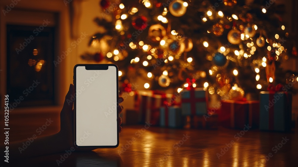 Poster a hand holds a smartphone with a blank screen in front of a christmas tree decorated with lights and