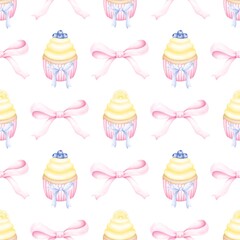 Cute sweet cupcake Watercolor seamless pattern with fruits and berries, decorated with flowers and a bow. Sweet  pattern for fabric, packaging paper, scrapbooking.