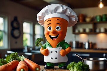 Meet our friendly carrot master chef, ready to whip up delicious meals in a cozy kitchen! With a cheerful smile, chef hat, and apron, this whimsical character brings fun to cooking.