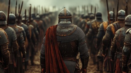 Ancient warriors emerging in full battle gear, shown from a back view