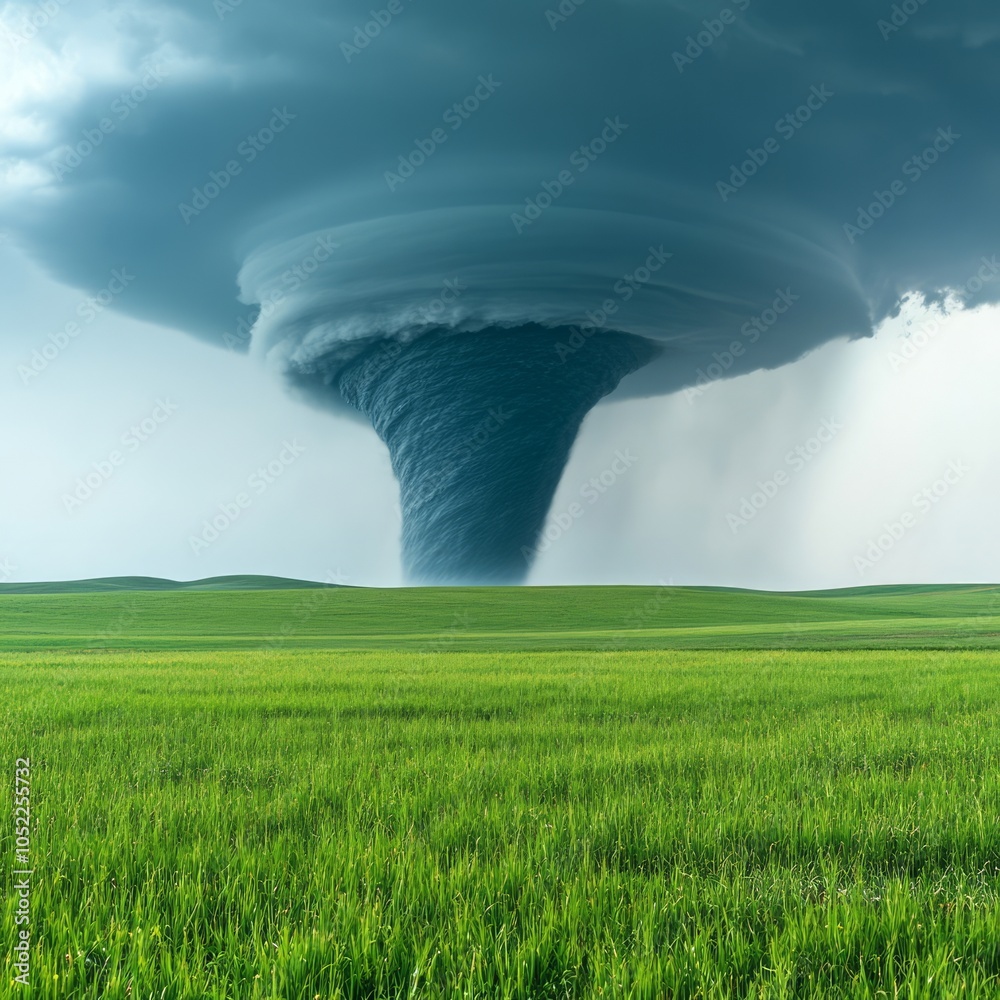 Wall mural a dramatic tornado forming over a green landscape under a stormy sky.