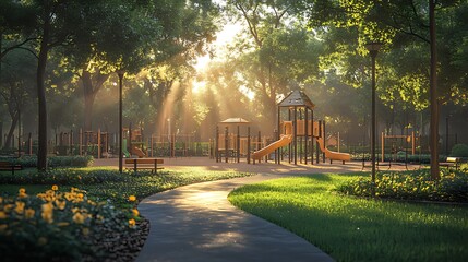 Obraz premium A sunny morning in a park with a playground and a winding path.