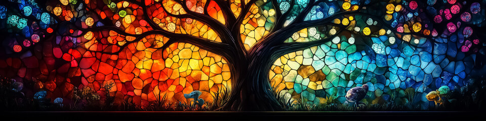 Vibrant Stained Glass Tree Art featuring a Colorful Display of Nature, Ideal for Wall Art, Background, and Spiritual Decoration
