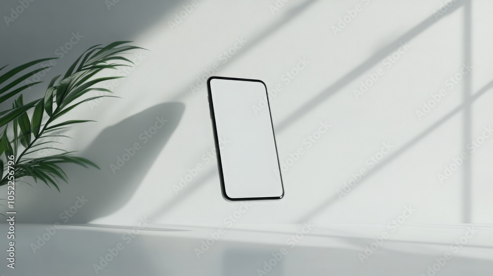 Poster A black smartphone is lying on a white surface with a white background. It has a white blank screen. Natural light is shining from the left, casting shadows from a plant to the right of the phone.